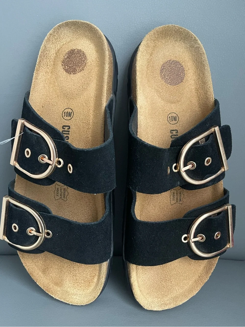 CUSHIONAIRE Black Suede Double Buckle Adjustable Slide Sandals Women 10W